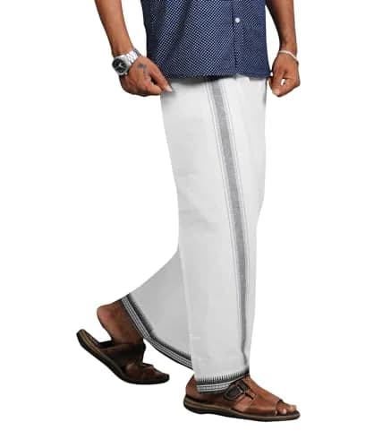 PRAKASAM COTTON Kerala Thalapathi Border Dhoti | Pure Cotton, Adjustable Velcro, White, Large thumbnail 4