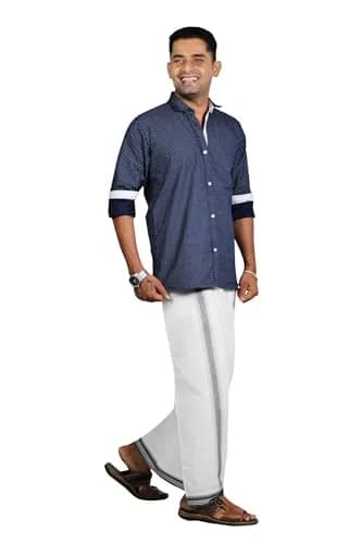 PRAKASAM COTTON Kerala Thalapathi Border Dhoti | Pure Cotton, Adjustable Velcro, White, Large thumbnail 5