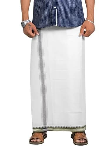 PRAKASAM COTTON Kerala Thalapathi Border Dhoti | Pure Cotton, Adjustable Velcro, White, Large thumbnail 2
