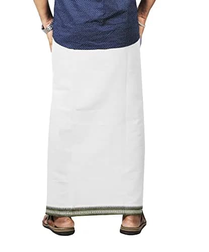 PRAKASAM COTTON Kerala Thalapathi Border Dhoti | Pure Cotton, Adjustable Velcro, White, Large thumbnail 3