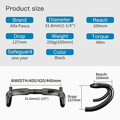 Alfa Pasca 31.8 x 420mm Black UD Matte Carbon Fiber Aero Road Bike Handlebars thumbnail 2