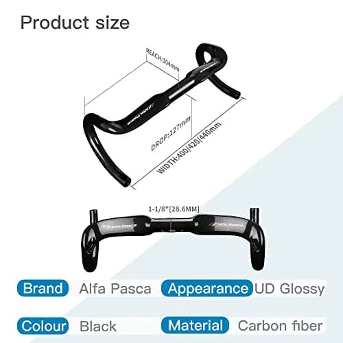Alfa Pasca 31.8 x 420mm Black UD Glossy Carbon Fiber Aero Road Bike Handlebars thumbnail 2