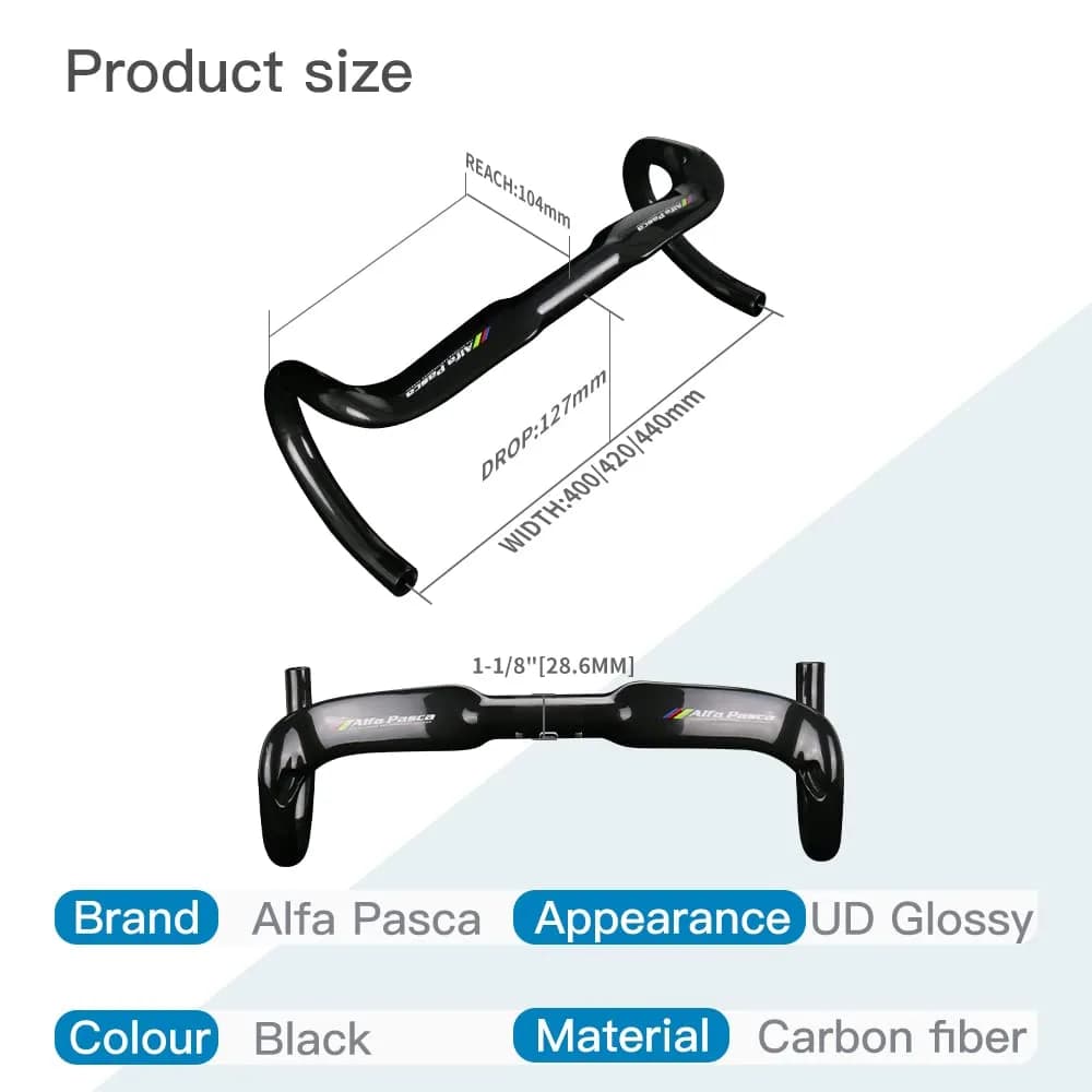 Alfa Pasca Carbon Fiber Drop Bars 31.8 x 400mm Aero Road Bike Handlebar | Lightweight & Internal Routing - view 2