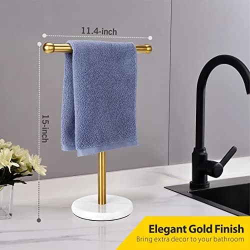 WAYDELI Gold Hand Towel Holder Stand with Marble Base | T-Shape Stainless Steel Rack thumbnail 4