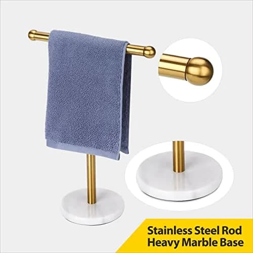 WAYDELI Gold Hand Towel Holder Stand with Marble Base | T-Shape Stainless Steel Rack thumbnail 2
