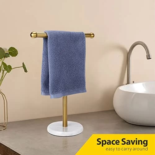 WAYDELI Gold Hand Towel Holder Stand with Marble Base | T-Shape Stainless Steel Rack thumbnail 3