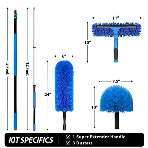 VITEVER 20 Feet High Reach Duster Kit with 5-12 Ft Extension Pole, Cobweb Duster, Window Squeegee & Scrubber | Cleans High Ceilings, Fans, and Windows thumbnail 2