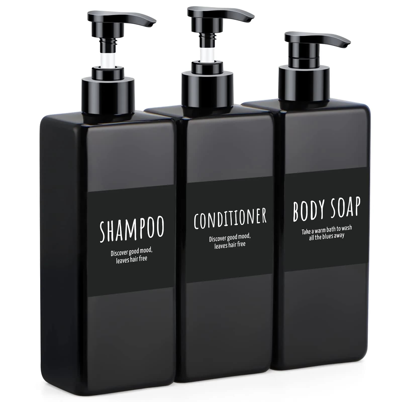 Segbeauty Shampoo and Conditioner Dispenser Refillable, 3pcs 16.9oz Shower Bottles Soap Dispenser with Labels, 500ml Empty Plastic Square Pump Bottle Dispenser Body Wash Containers for Bathroom Black thumbnail 1