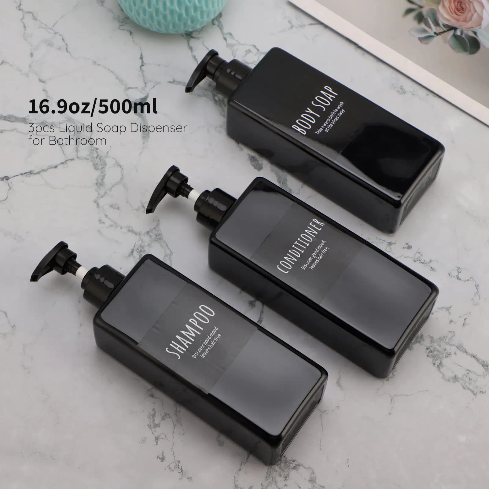 Segbeauty Shampoo and Conditioner Dispenser Refillable, 3pcs 16.9oz Shower Bottles Soap Dispenser with Labels, 500ml Empty Plastic Square Pump Bottle Dispenser Body Wash Containers for Bathroom Black thumbnail 2