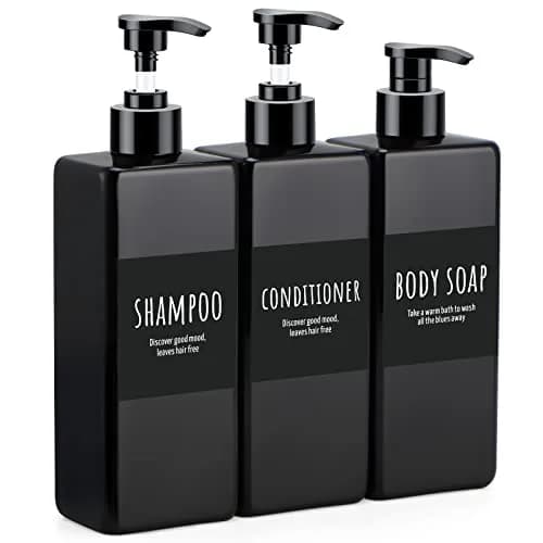 Segbeauty 3-Pack 500ml (16.9oz) Pump Dispensers | Refillable Shampoo, Conditioner & Body Wash Bottles with Labels — Black / 500ml
