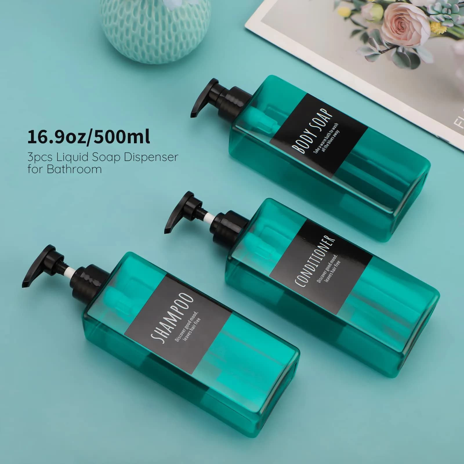 Segbeauty 3-Pack 500ml (16.9oz) Pump Dispensers | Refillable Shampoo, Conditioner & Body Wash Bottles with Labels - view 2