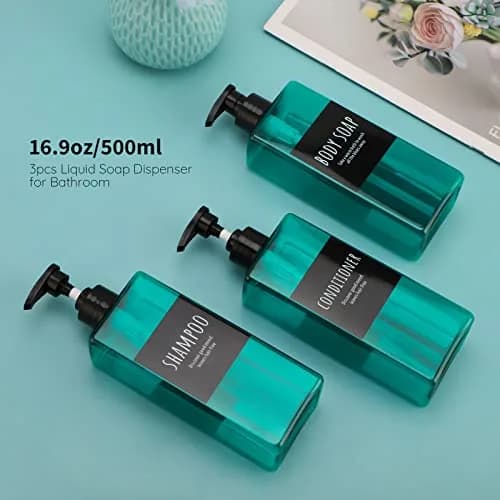 Segbeauty 3-Pack 500ml (16.9oz) Pump Dispensers | Refillable Shampoo, Conditioner & Body Wash Bottles with Labels thumbnail 2