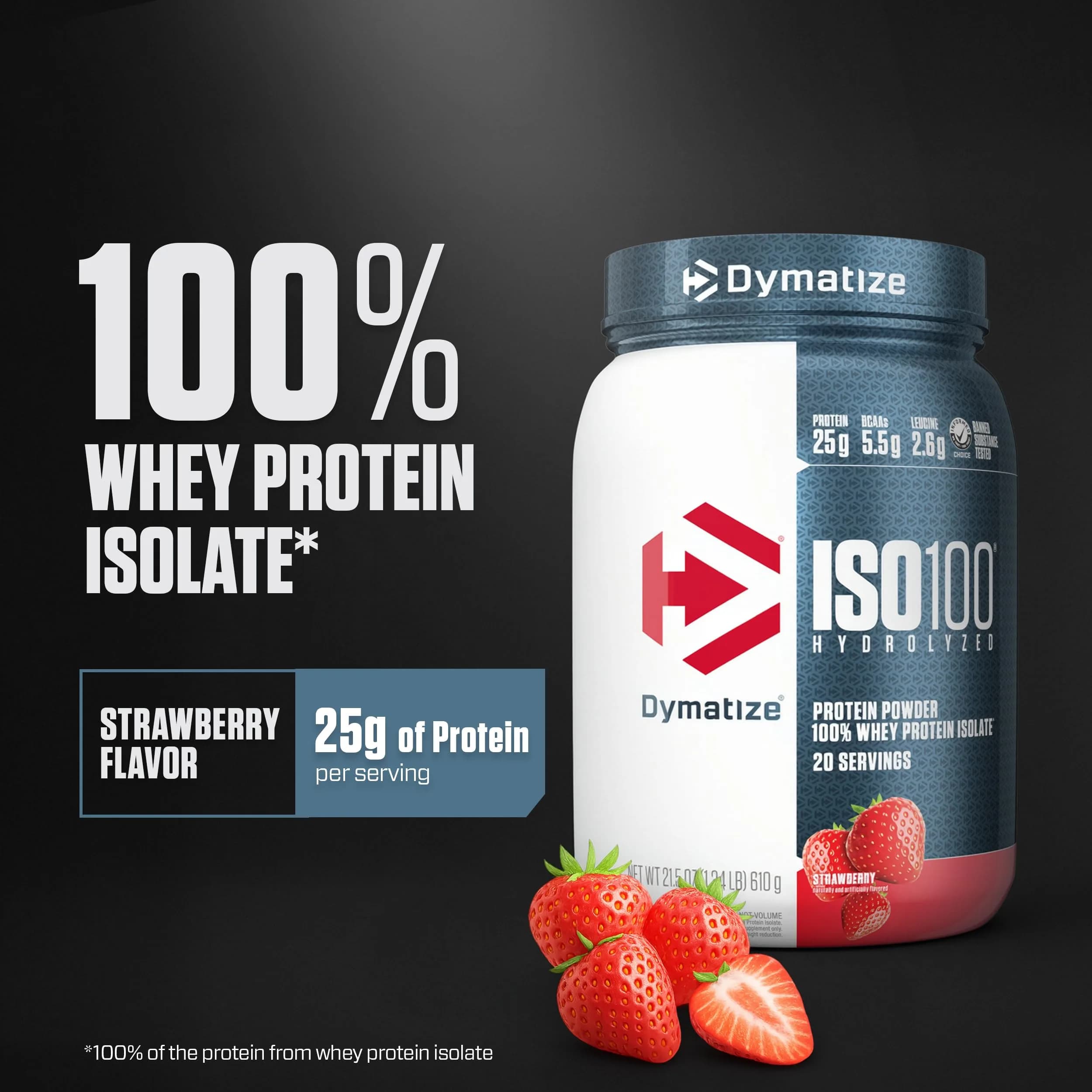 Dymatize ISO100 Strawberry Whey Protein Isolate 1.34 lb (608g) | 25g Protein, 5.5g BCAAs, Gluten-Free - view 2