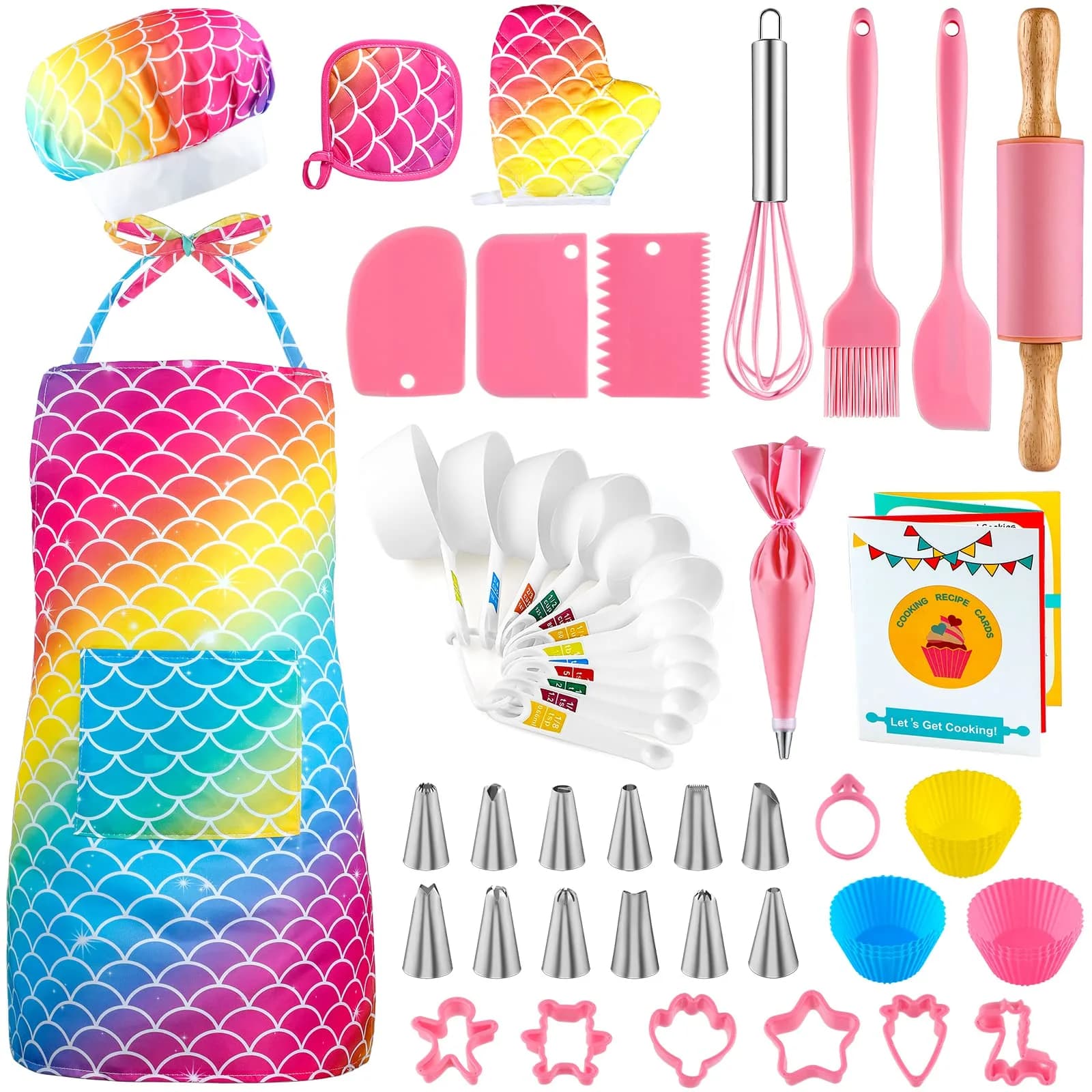 GiftInTheBox Kids Cooking & Baking Set 54 PCS Rainbow Apron & Chef Hat | Complete Kit for Junior Chefs — 54PCS Rainbow Apron