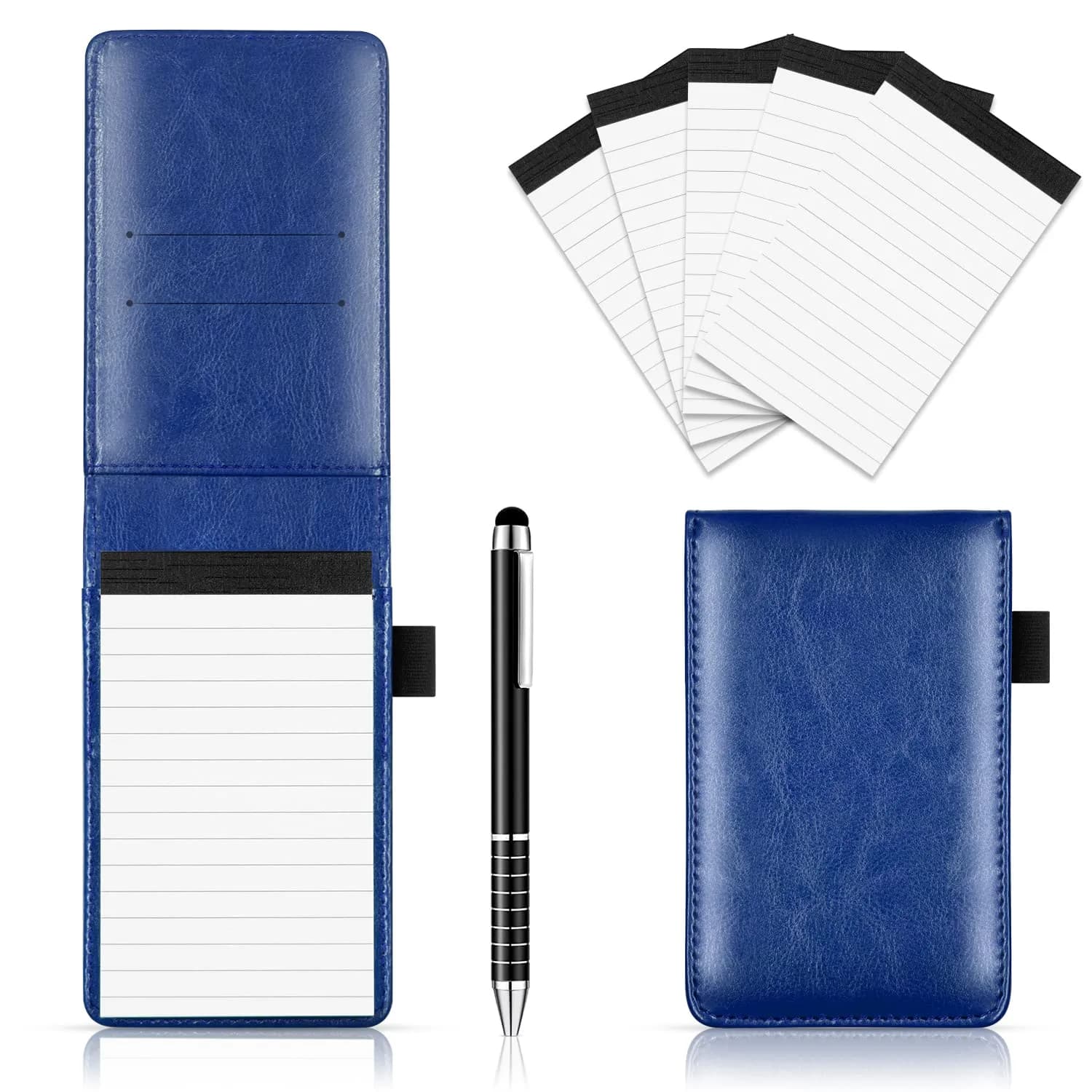 Xhwykzz Black PU Leather Pocket Notebook Holder Set with Pen & 5 Refills | 3x5 Inch, 30 Lined Pages Per Pad — Blue