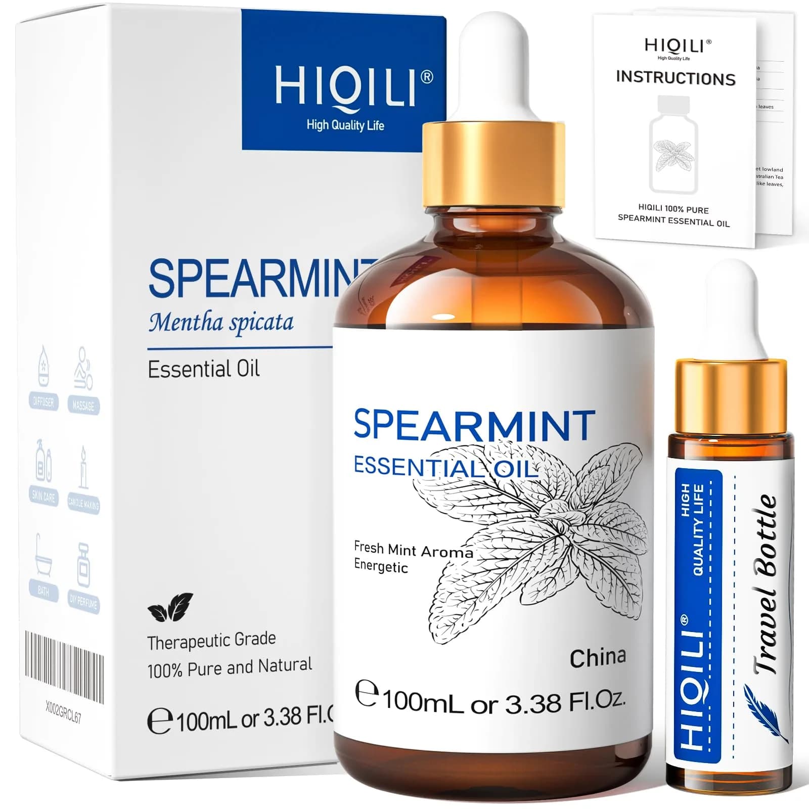 HIQILI Spearmint Essential Oil for Skin Care, 100ml (3.38 Fl Oz) | Aromatherapy Grade - main product image