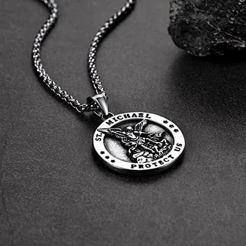 FaithHeart Saint Michael Pendant Necklace for Men with 22"+2" Wheat Chain | Archangel Protection Amulet thumbnail 9