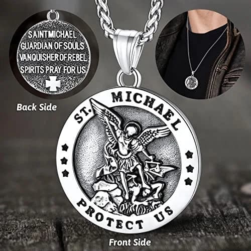 FaithHeart Saint Michael Pendant Necklace for Men with 22"+2" Wheat Chain | Archangel Protection Amulet thumbnail 3