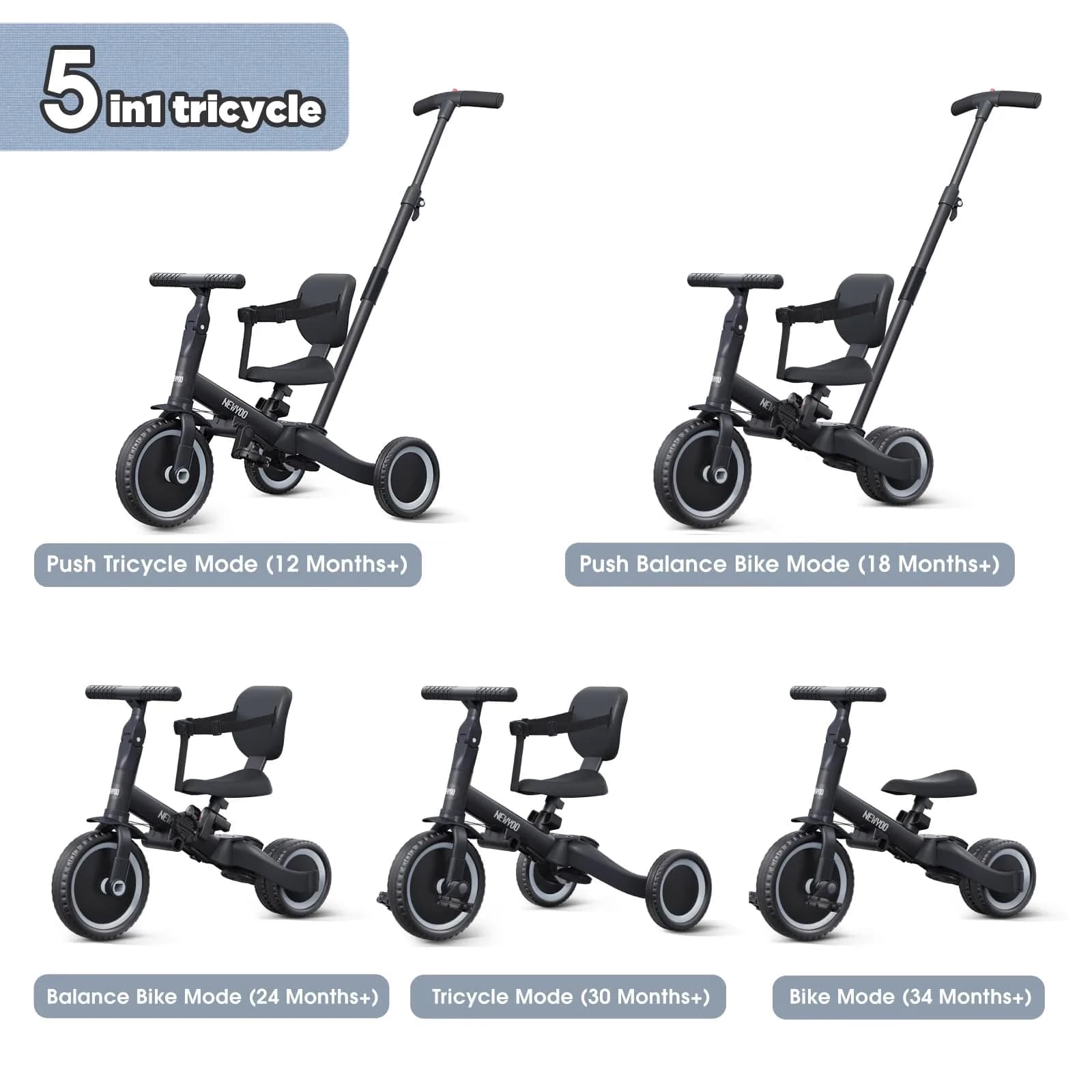 newyoo TR007 Toddler Tricycle & Balance Bike - Grey, 12-36 Months - view 2