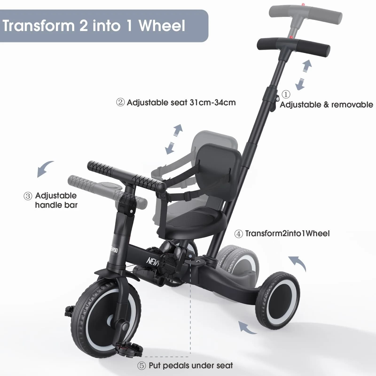 newyoo TR007 Toddler Tricycle & Balance Bike - Grey, 12-36 Months - view 4