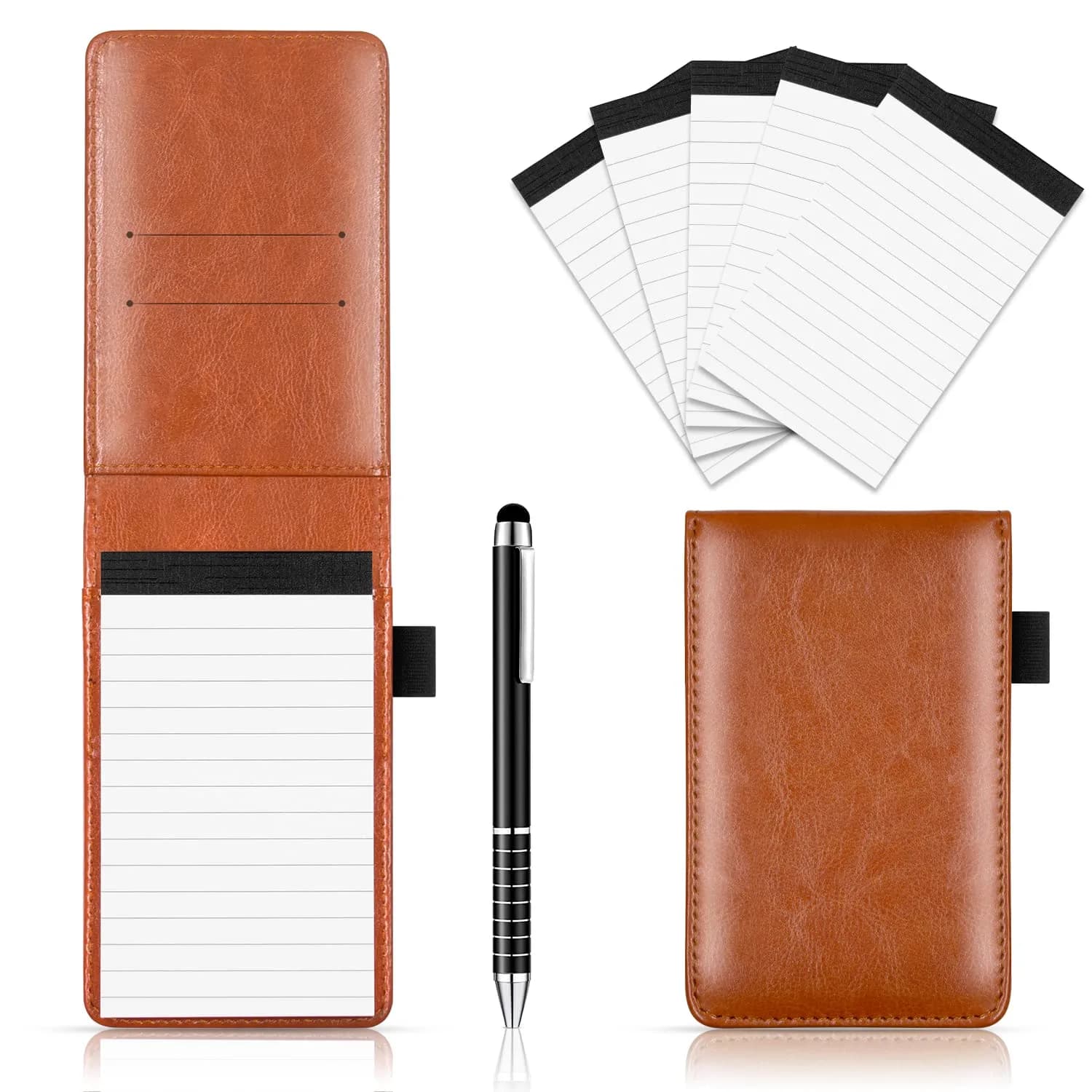 Xhwykzz Brown PU Leather Pocket Notebook Holder Set with Pen & 5 Refills | 3x5 Inch, 30 Lined Pages Per Pad - main product image