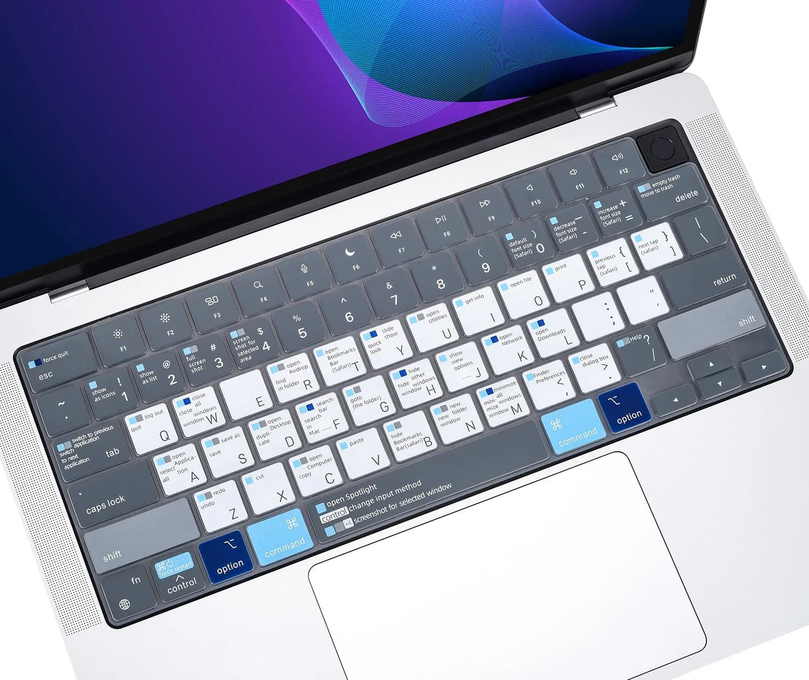 CASEDAO Mac OS Shortcut Keyboard Cover for MacBook Pro 14"/16" & Air 13.6"/15.3" - Blue & White (US Layout) - main product image