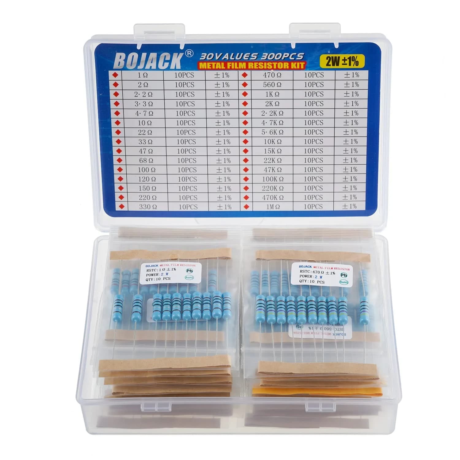 BOJACK Resistor Kit 300 Pcs 30 Values 1Ω - 1MΩ | 2W Metal Film Assortment