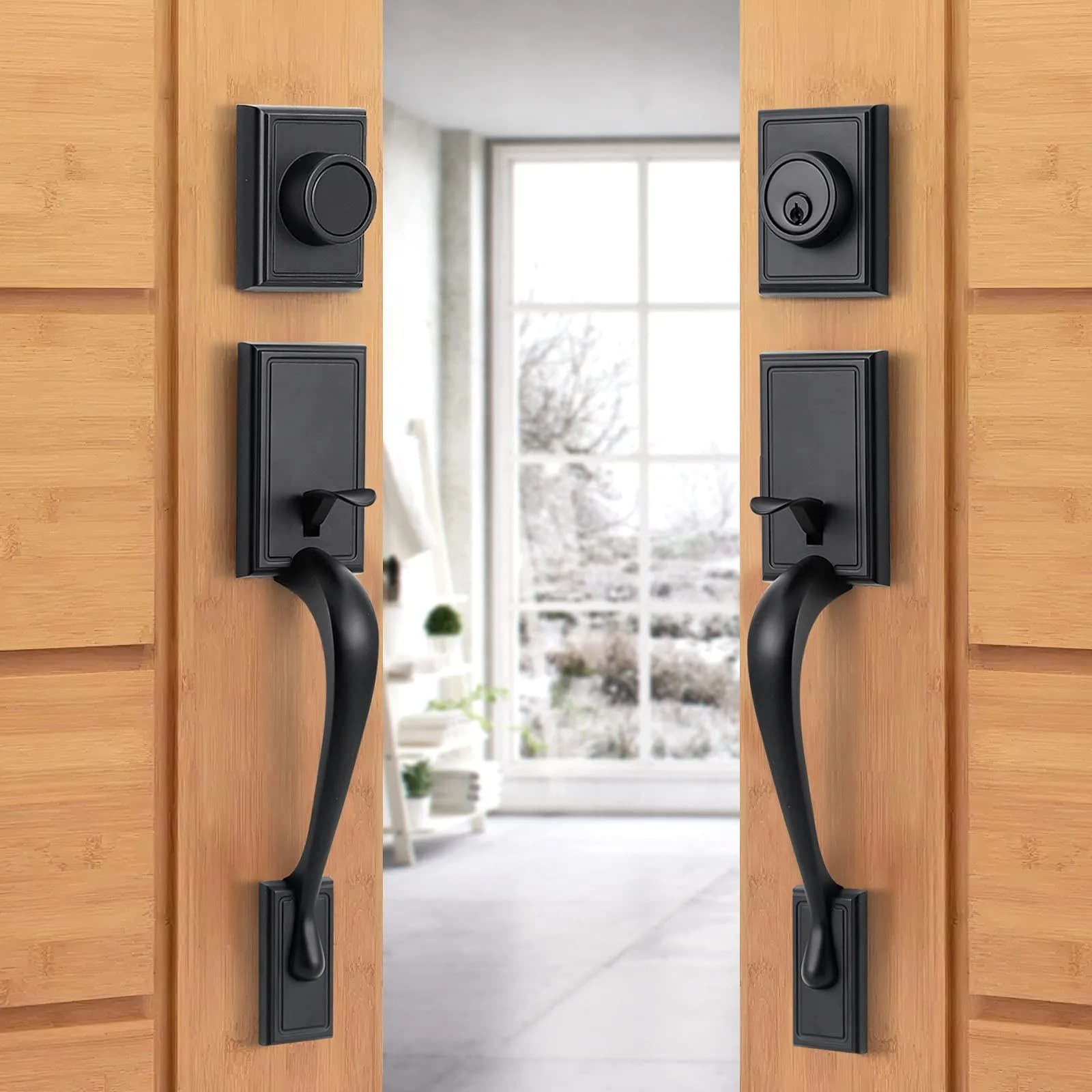 Natsukage Heavy Duty Double Door Handle Set Matte Black | Reversible Lock with Dummy & Deadbolt — Matte Black
