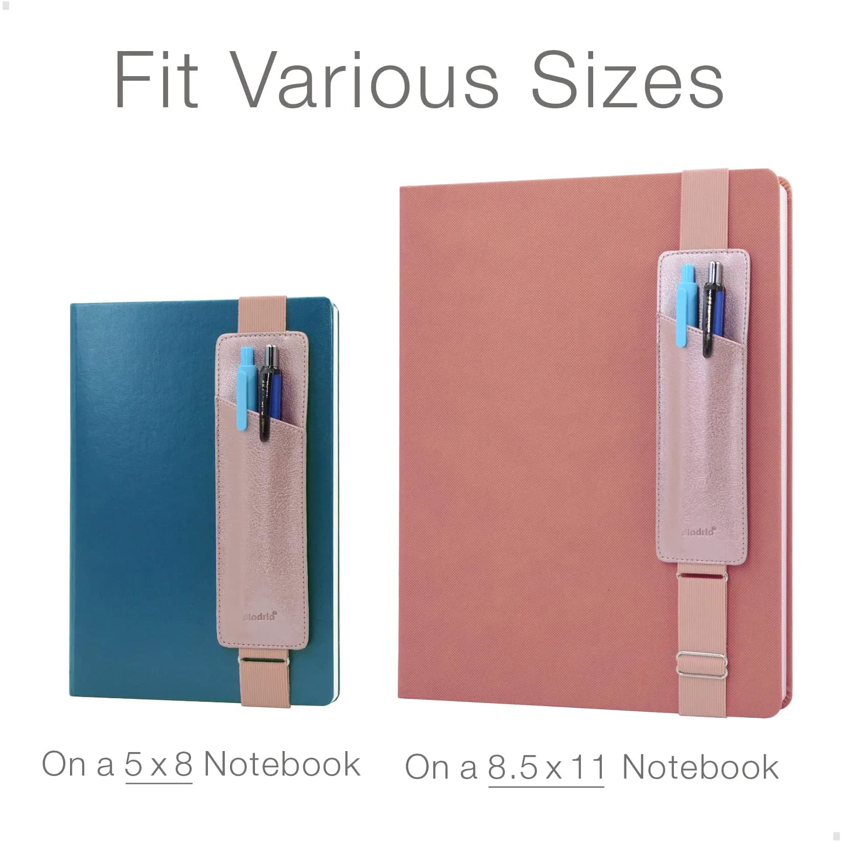 diodrio Adjustable Elastic Band Pen Holder, Pencil Holder, Pen Sleeve Pouch for Hardcover Journals, Notebooks, Planners, Binders, Fit Notebooks from 8" to 11” in Height, PU Leather, Detachable, Rose Gold | Rose Gold - view 4