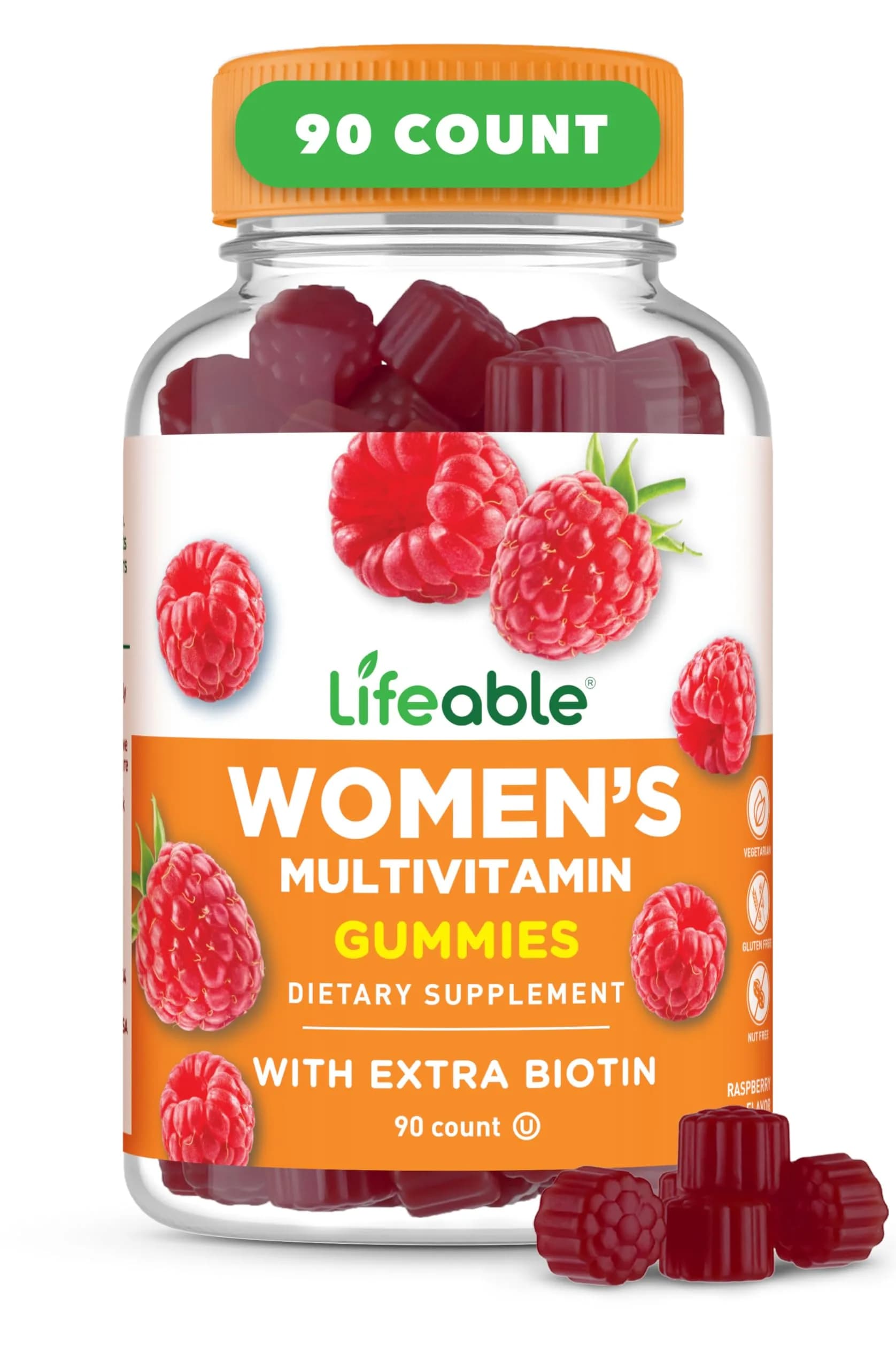 Lifeable Womens Multivitamin Gummies with Extra Biotin, Raspberry, 90 Count | Supports Hair, Skin & Nails — No Color