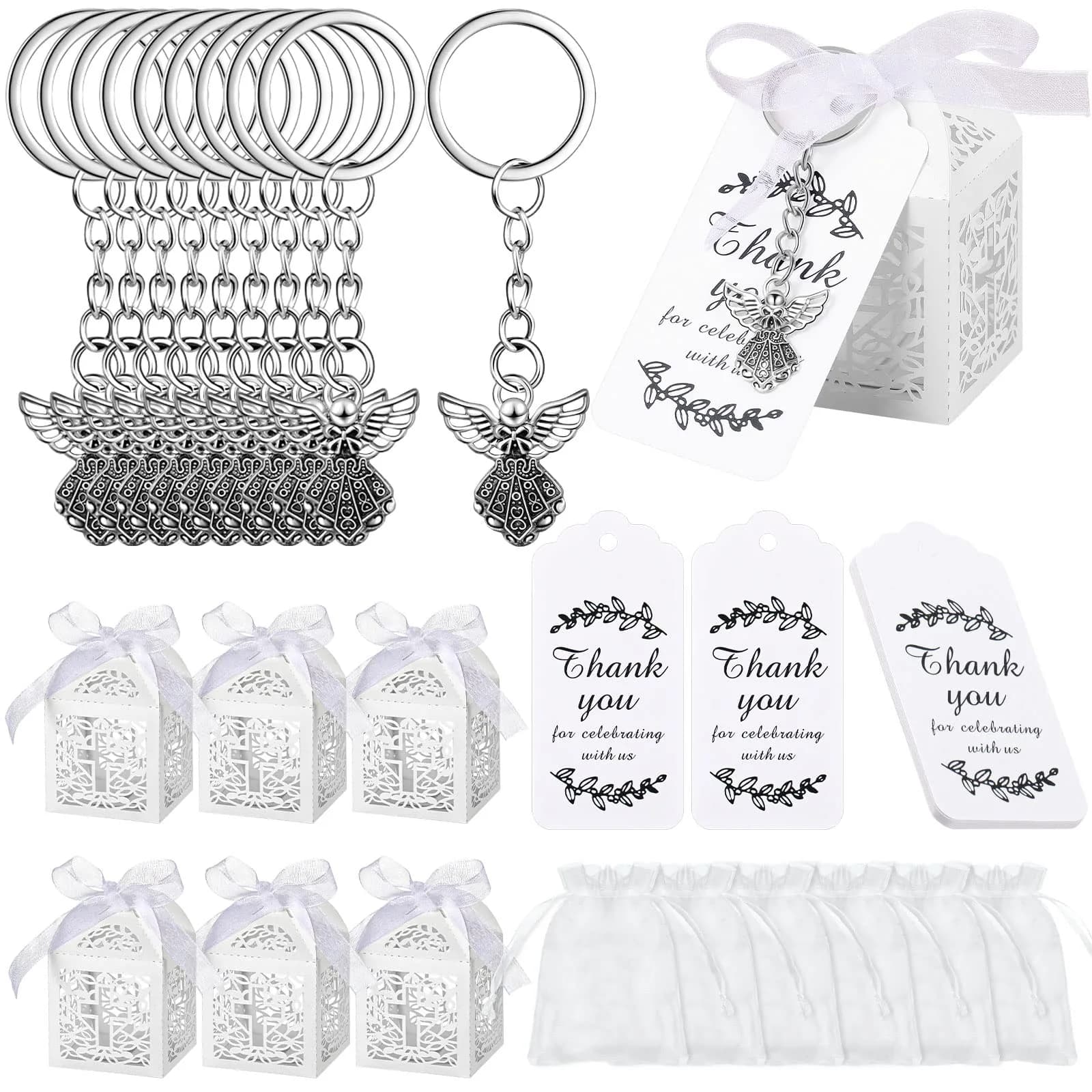 Bonuci White Angel Keychain Baptism Favors Set | 30 Sets (120 Pieces Total) — White