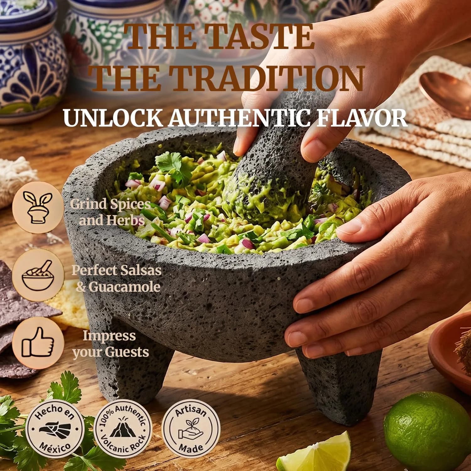 Cuitáxi Molcajete Mexicano Lava Rock Mortar and Pestle Set 20.3cm (8 inch) | Authentic Volcanic Stone for Guacamole and Spices - view 2