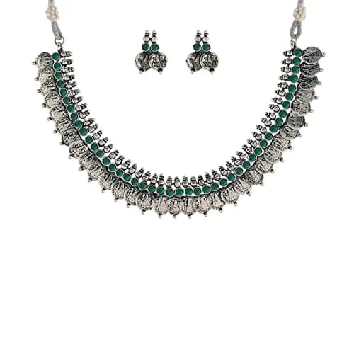 I Jewels Oxidized Silver Plated Necklace and Earring Set | Wedding & Festive Wear | 13cm Necklace, 2cm Earrings thumbnail 1