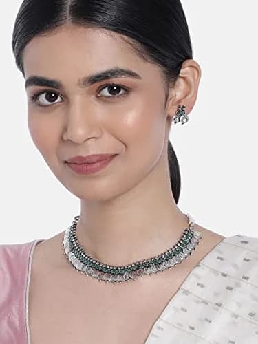 I Jewels Oxidized Silver Plated Necklace and Earring Set | Wedding & Festive Wear | 13cm Necklace, 2cm Earrings thumbnail 2