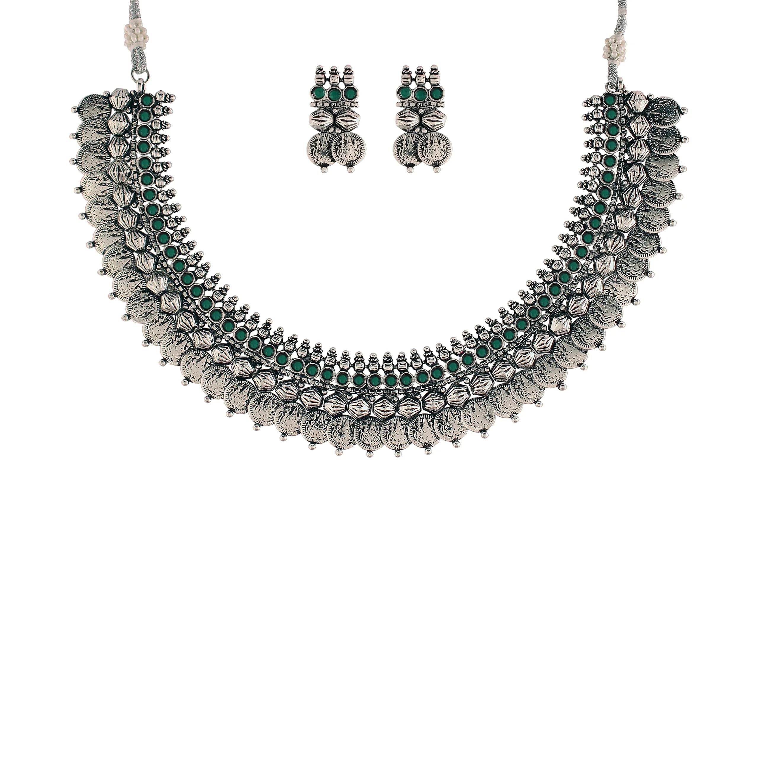 I Jewels Oxidized Silver Plated Indian Wedding Bollywood Coin Necklace With Earrings Set | 13 cm Necklace Length — Style 4