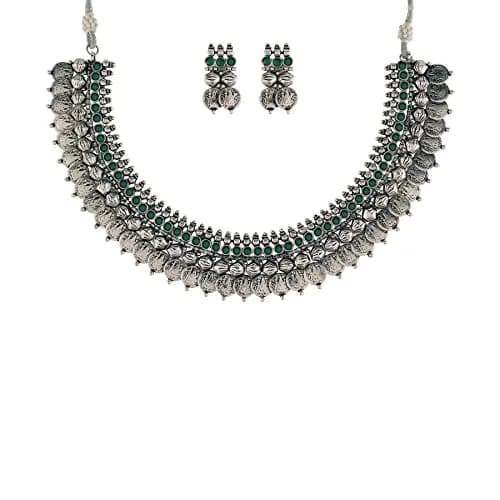 I Jewels Oxidized Silver Plated Coin Necklace and Earring Set for Women | 16cm Necklace, 2.5cm Earrings thumbnail 1