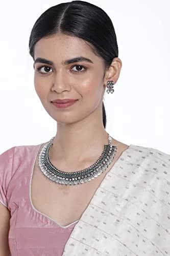 I Jewels Oxidized Silver Plated Coin Necklace and Earring Set for Women | 16cm Necklace, 2.5cm Earrings thumbnail 2