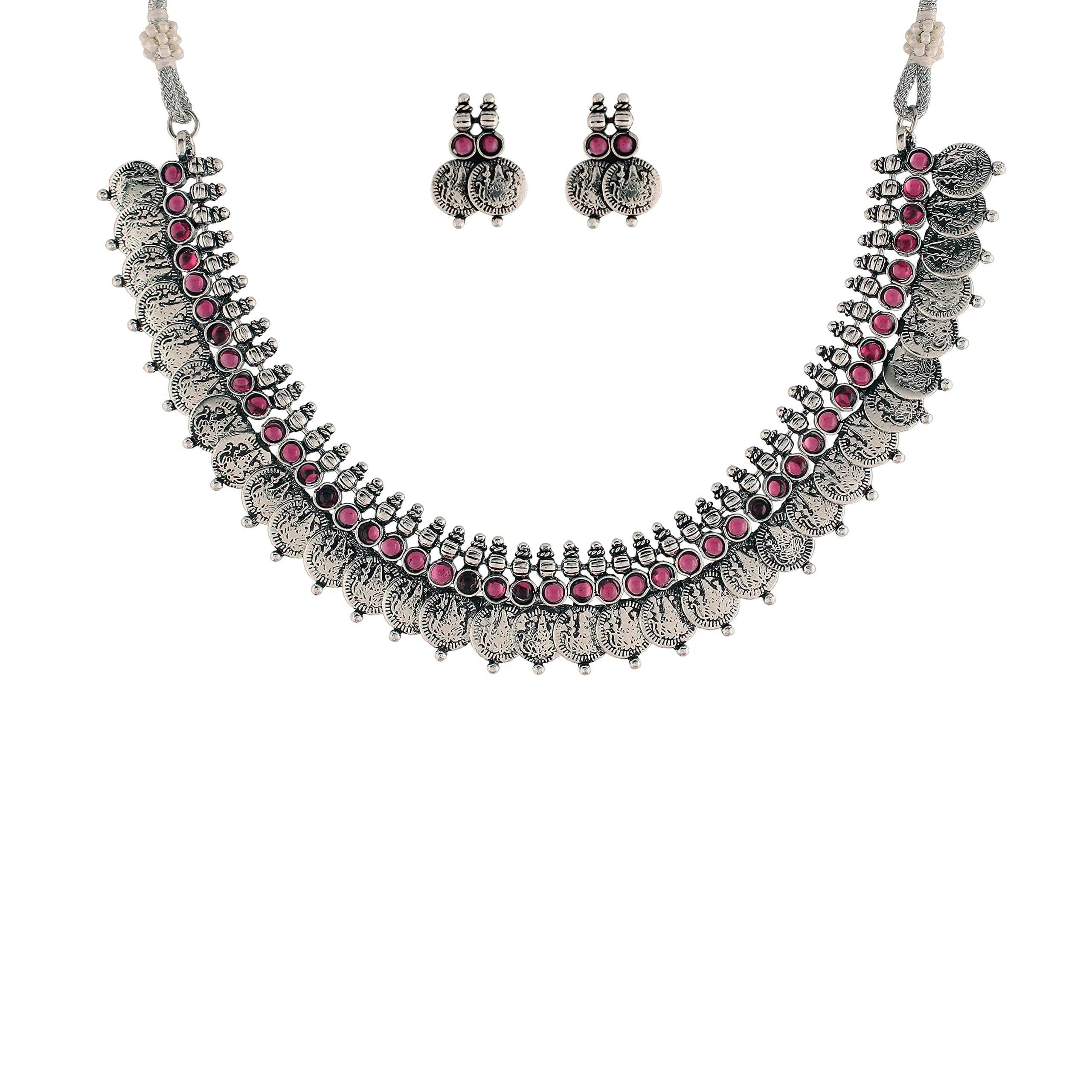 I Jewels Oxidized Silver Plated Indian Wedding Bollywood Coin Necklace With Earrings Set | 13 cm Necklace Length — Style 3