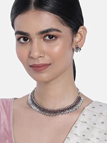 I Jewels Oxidized Silver Plated Indian Wedding Bollywood Coin Necklace With Earrings Set | 13 cm Necklace Length thumbnail 2