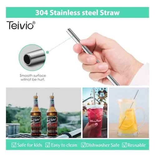Teivio Rainbow 8-Piece 5/16 Inch Straight & Bent Stainless Steel Straws with Silicone Tips for 40 oz Tumbler - view 4