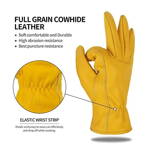 KKOYING Genuine Leather Work Gloves Medium | Reinforced Cowhide for Yardwork, Gardening, Construction thumbnail 3