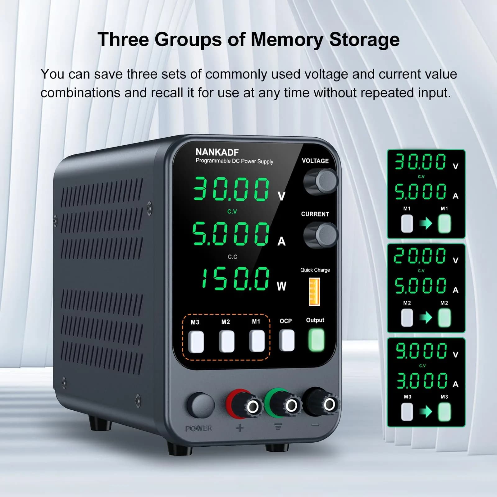 NANKADF Black 30V 5A DC Power Supply with Memory Presets & Encoder Knob - view 3