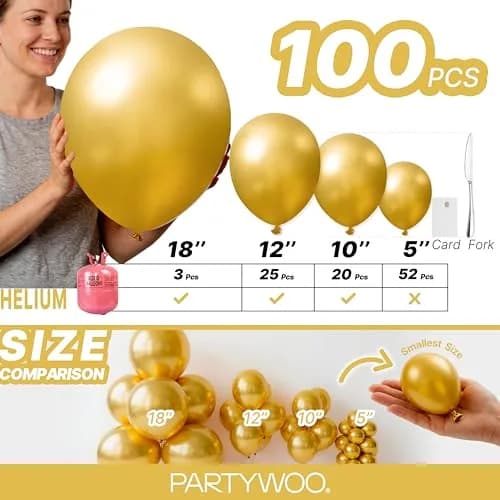 PartyWoo Gold Balloons 100pcs Assorted Sizes 5-18 Inch | Metallic Latex Party Decorations thumbnail 6