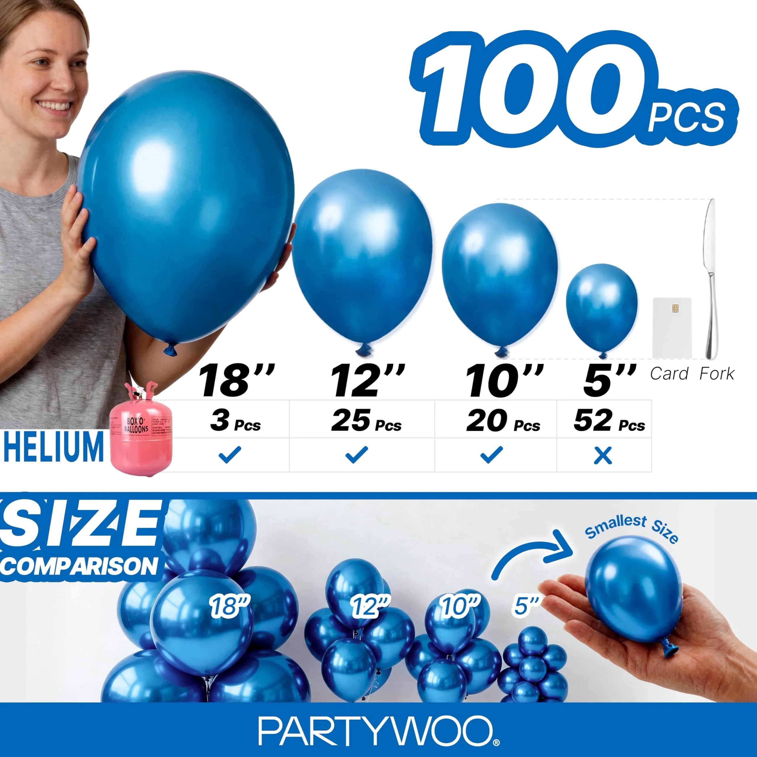 PartyWoo Metallic Blue Balloons 100pcs Chrome Blue Color Assorted Sizes | Thick Durable Latex for Parties - view 6