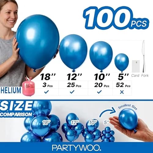 PartyWoo Metallic Blue Balloons 100pcs Chrome Blue Color Assorted Sizes | Thick Durable Latex for Parties thumbnail 6