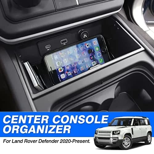 Karltys Center Console Organizer Tray for Land Rover Defender Accessories 90 110 130 2020-2025 2026 | Durable ABS Middle Console Storage Box with Non-Slip Mat thumbnail 2