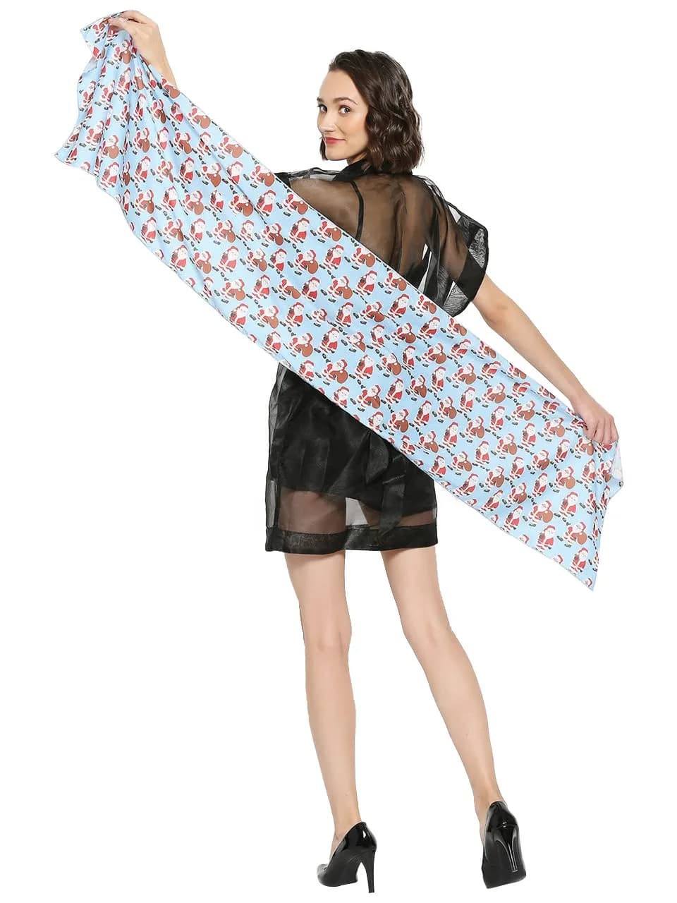 DUPATTA BAZAAR Women's Blue Printed Satin Christmas Holiday Scarf 35cm (14in) x 152cm (60in) | Festive Accessory - view 4