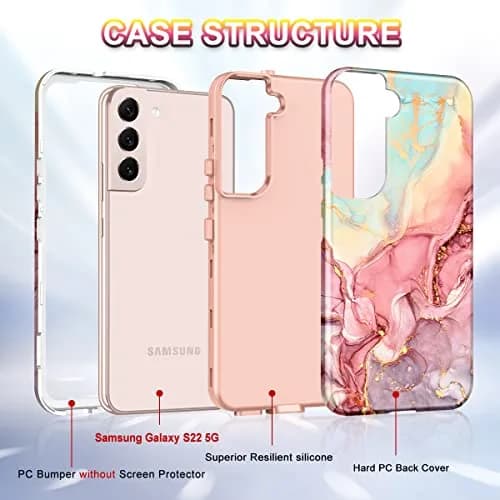 Btscase Rose Gold Marble Pattern Case for Samsung Galaxy S22 5G 6.1 Inch | Triple-Layer Shockproof Protection thumbnail 3