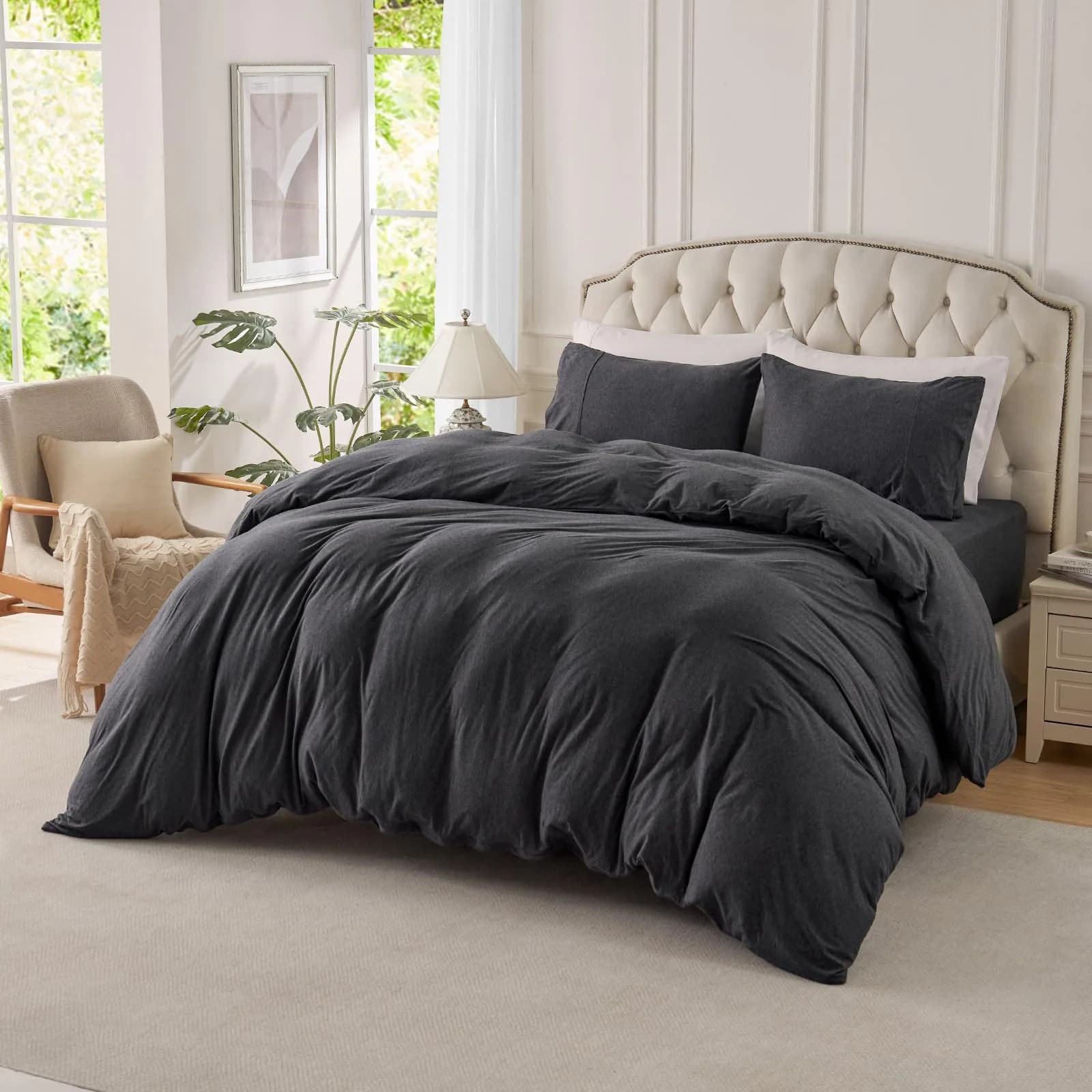 PURE ERA Jersey Knit Duvet Cover Set Solid Olive Green King | Ultra Soft Cotton, All Seasons — Heather Charcoal Grey(no Comforter) / California King