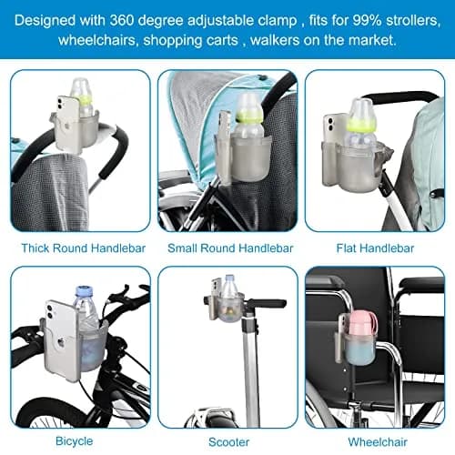 Accmor Universal Stroller Cup Holder with Phone Holder & Organizer, Transparent Grey | Fits Most Strollers, Bikes, Wheelchairs, Walkers (1-Pack) thumbnail 7